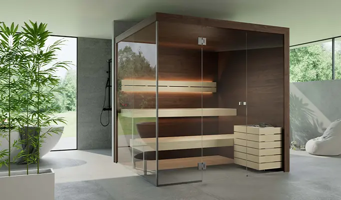 Innensauna Prime Selection, individuelle Konfiguration, Wände aus gedämpfter Akazie, Rückenlehne beleuchtet, Frontansicht