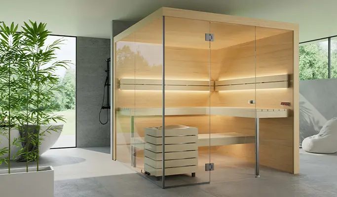 Sauna Prime Selection für Innen, individuelle Ausstattung, Ansicht von vorne, Verkleidung Saunaboard Ahorn, Glasfront vorne und links