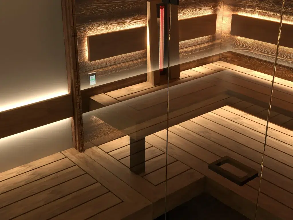 Sauna Charlet für Innen, custom-made, Art of Spa, Nahaufnahme, Infrarotwärmestrahler eingebaut, beleuchtet, mit Vorraum