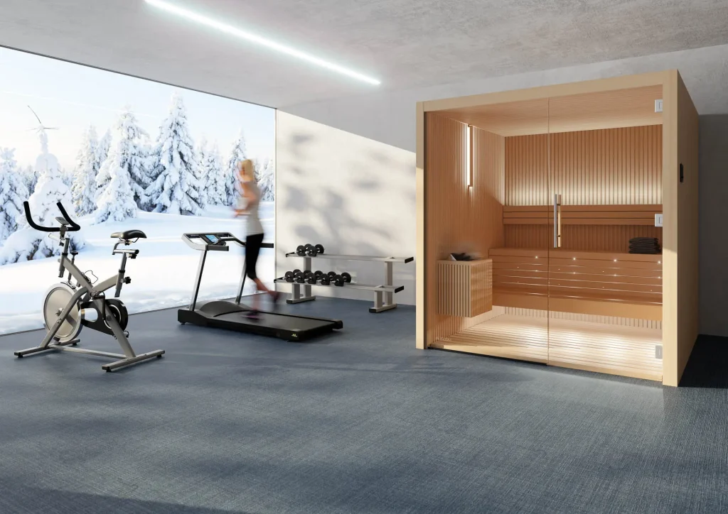 Innensauna Libera im Fitnessstudio, schlichtes elegantes Design, Frontansicht, Nach Maß gefertigt