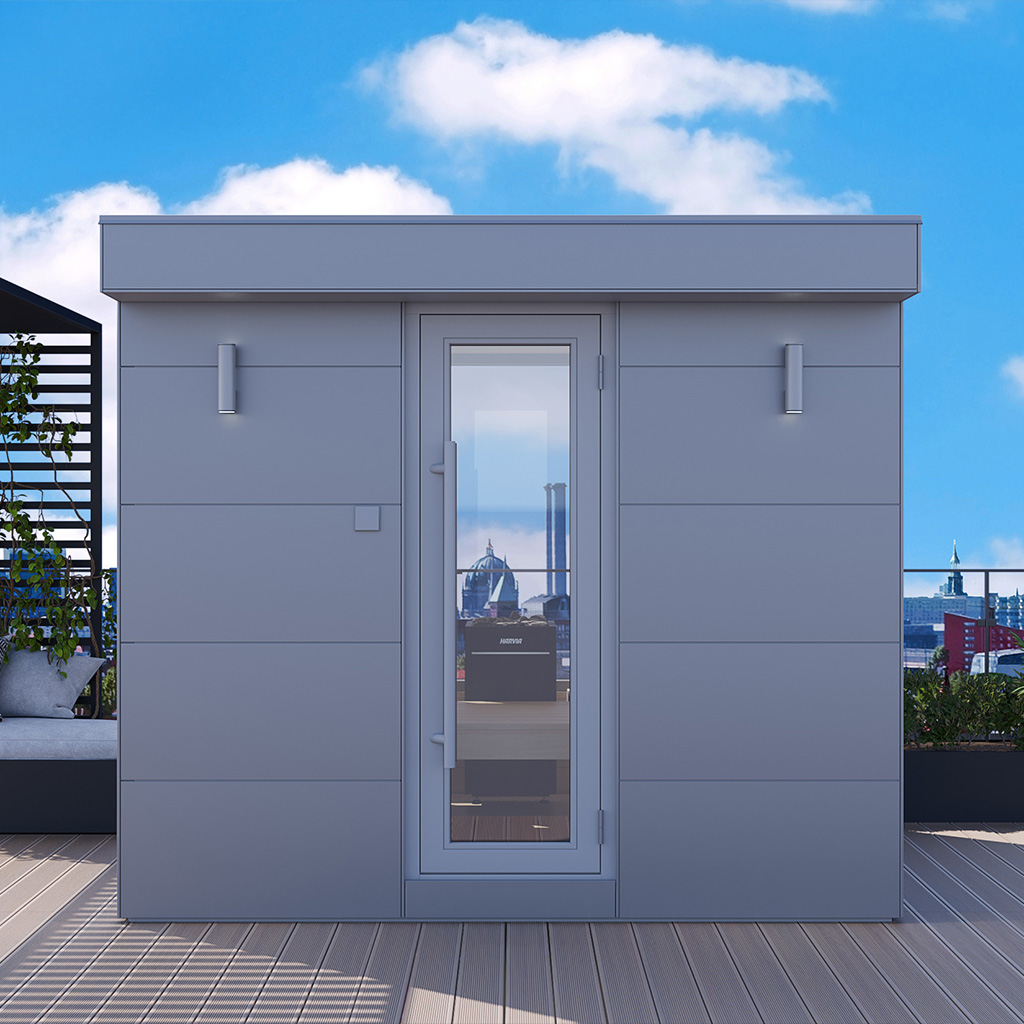 Gartensauna, Sauna für Außen, HPL Platten in hellgrau, Außenbeleuchtung