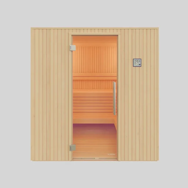 personalisierte Sauna Familia für Zuhause, Aufnahme von vorne, Glastür